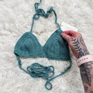 Hand Knit crochet bralette turquoise top XS